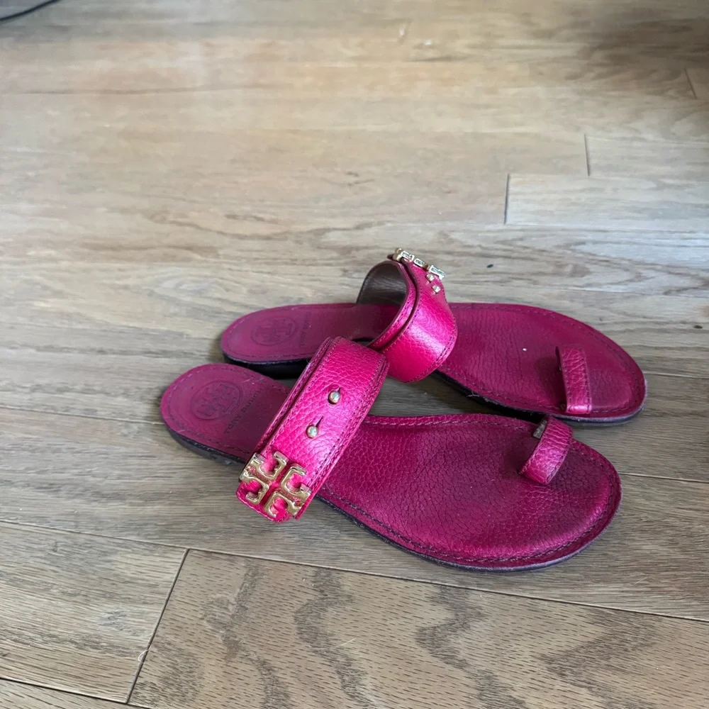 Tory Burch Red Leather Toe-Ring Slide Sandals with Gold Hardware